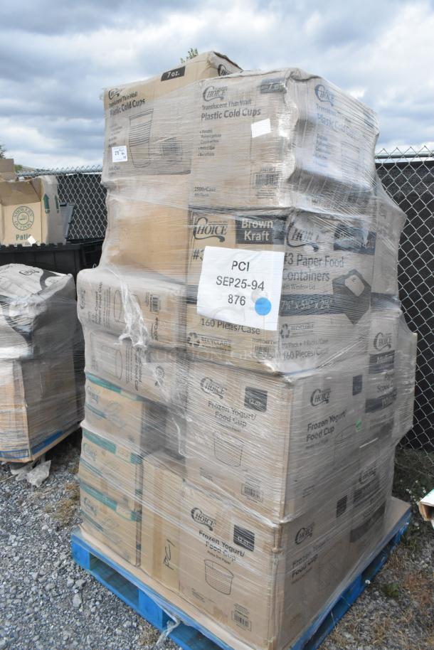 Pallet of mixed scratch and dent items shrink-wrapped, including Choice brand paper and plastic food containers.