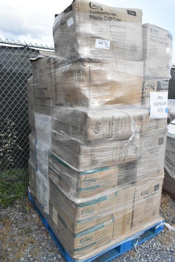 Pallet of brand new items in boxes, including drink carriers and food containers, wrapped in plastic, ready for auction.