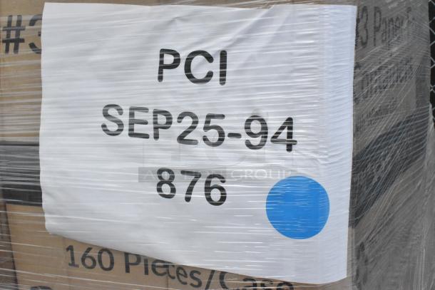 Pallet of 38 scratch and dent items wrapped in plastic. Label shows "PCI SEP25-94 876" with a blue dot. Includes drink carriers and deli containers.