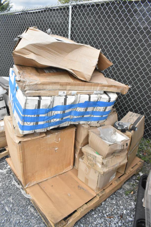 Pallet of 8 scratch and dent boxed items including 176CDBSND3BK stand and 176CP92ALSTL pan. New condition.