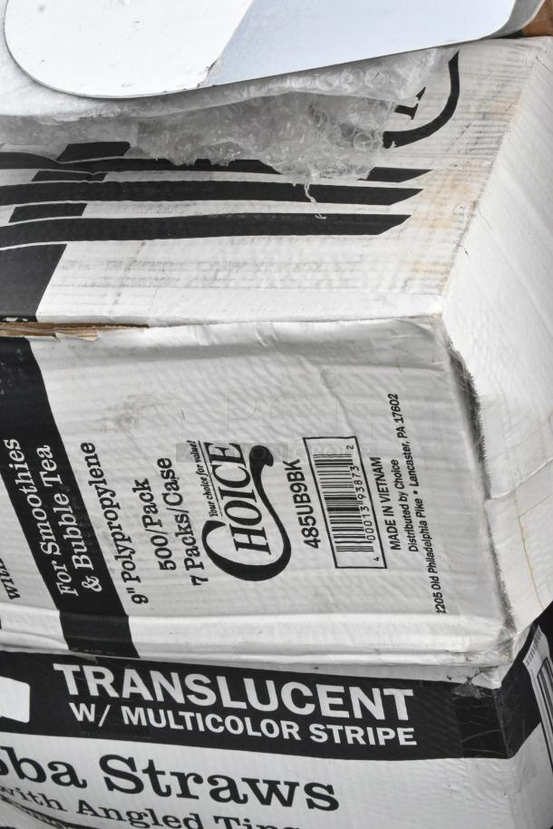 Box of Choice 485UB7BK black smoothie straws, 7 packs per case, labeled for smoothies and bubble tea, scratch and dent condition.