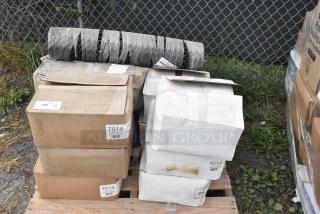 Nine brand new scratch and dent items, including black floor mat and boxes labeled "7014 Hot Dog Kraft," stacked on a pallet.