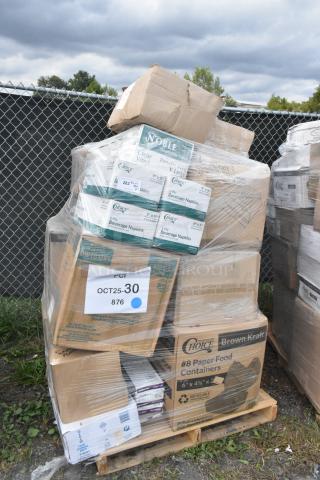 Pallet with 37 new scratch & dent items including Noble beverage napkins, Choice containers, and wax paper, wrapped in plastic.