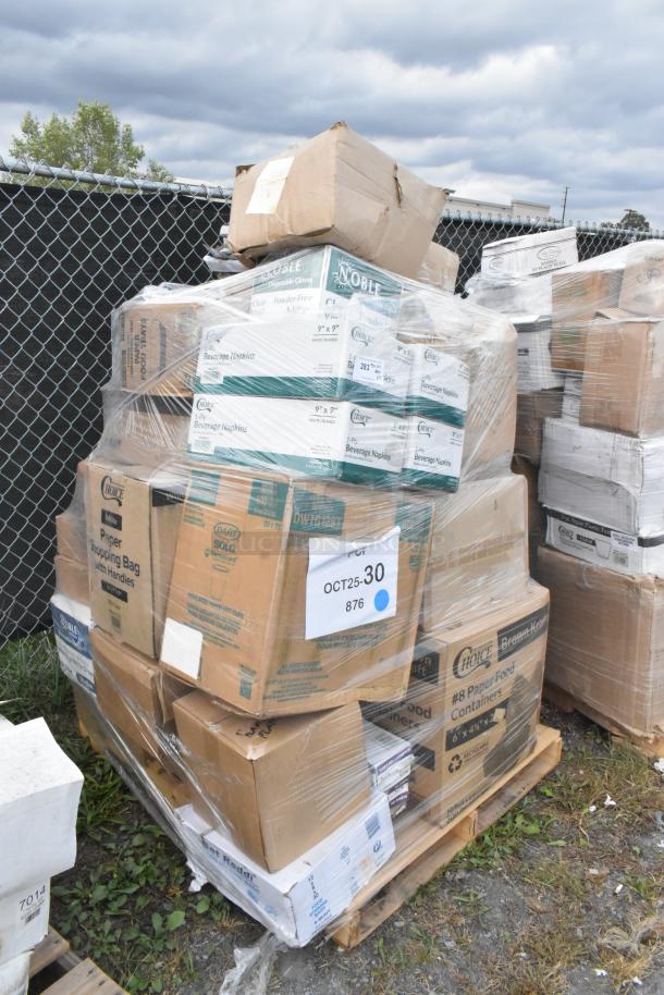 Pallet of mixed brand new scratch and dent items, including T-shirt bags, cups, and more, wrapped in plastic.