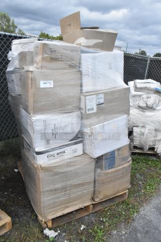 Stack of boxes on pallet with plastic wrap, containing 31 new scratch and dent plasticware items, including tumblers and plates.