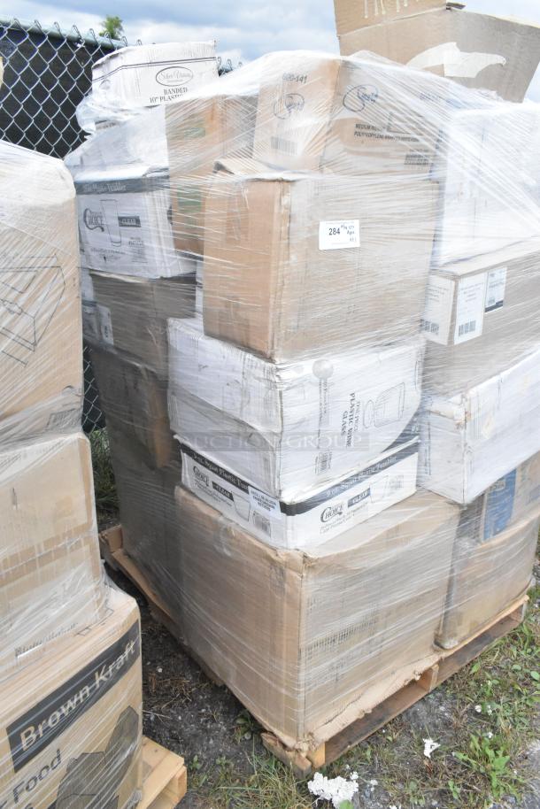 Pallet of 31 brand new scratch and dent items, including containers, plastic tumblers, plastic plates, wrapped in plastic.
