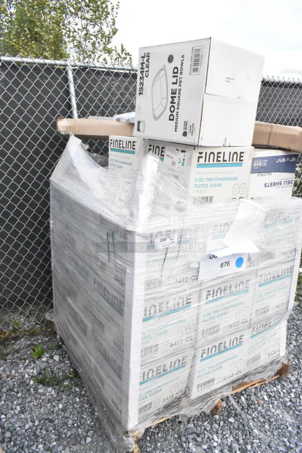 Palette of 34 sealed boxes, including Fineline Tiny Temptations 6412-CL 2 oz. clear plastic champagne flutes, 96 per case.