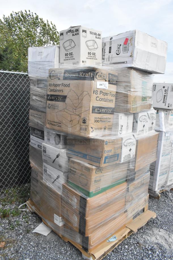 Pallet of assorted brand new scratch and dent items, including paper food containers and plastic utensils, wrapped in plastic.