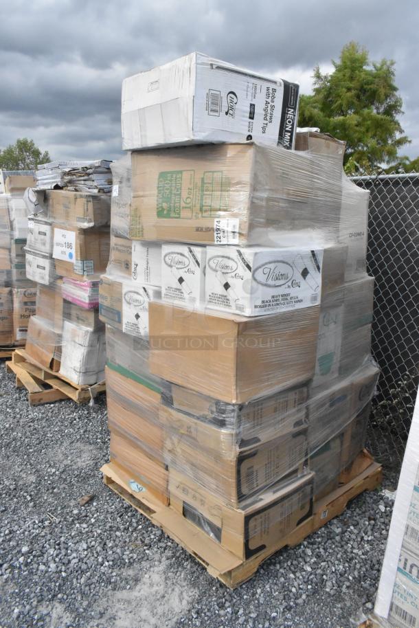 Pallet of 38 brand new scratch and dent items, including plate covers, plastic plates, hot cups, and gloves, wrapped in plastic.