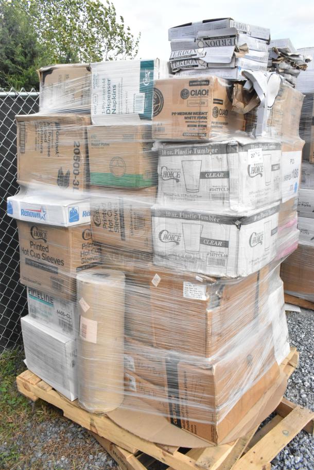 Pallet with 42 brand new scratch and dent items including can liners, cup sleeves, tumblers, and containers.