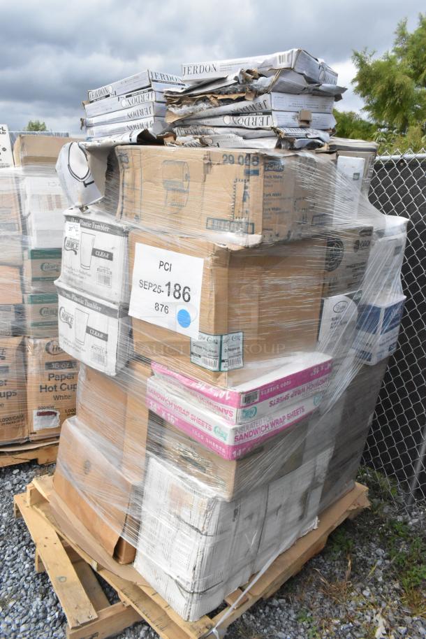 Pallet of assorted items like can liners, cup sleeves, tumblers; new scratch and dent condition, labeled PCI SEP25-186.