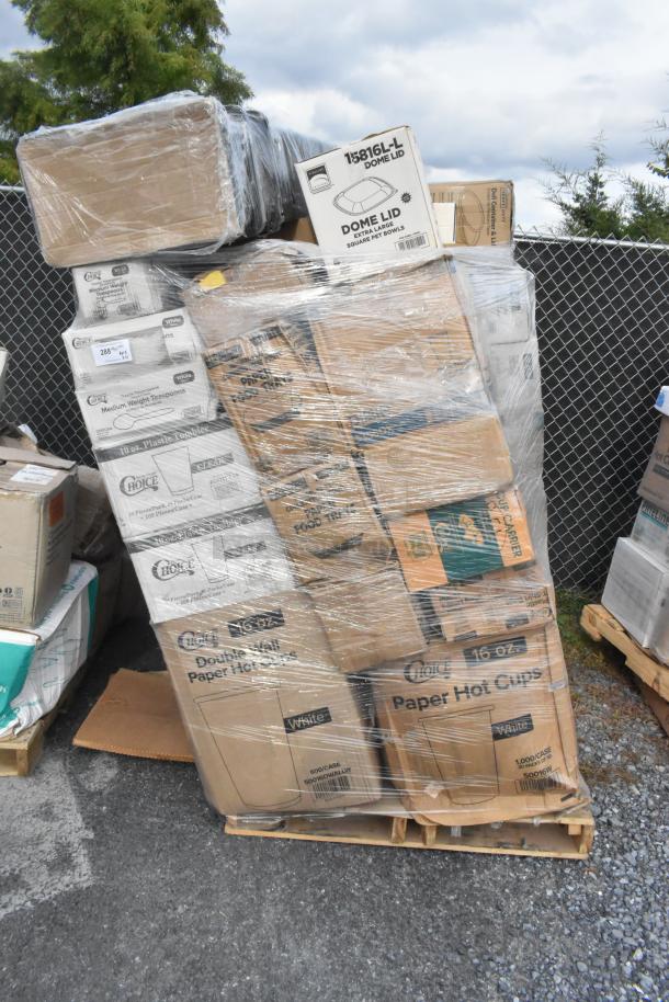 Pallet of 41 scratch and dent items: tongs, containers, hot cups, plastic tumblers, forks; wrapped in plastic.