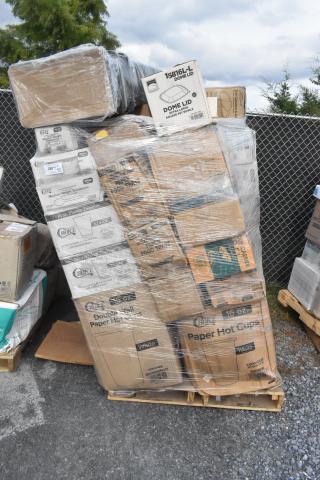 Pallet of 41 scratch and dent items: tongs, containers, hot cups, plastic tumblers, forks; wrapped in plastic.