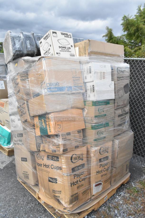 Pallet of 41 scratch and dent items, including tongs, containers, and hot cups. Various brand boxes wrapped in plastic.