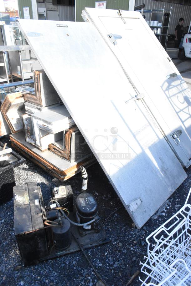 Mr Winter walk-in box with Heatcraft TA55AF evaporator fan, Tecumseh compressor, disassembled, outdoor condition.