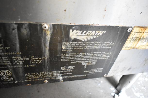 Vollrath CBGHD-72 stainless steel charbroiler grill label, showing natural gas, 240,000 BTU, model CBGHD-72 details.