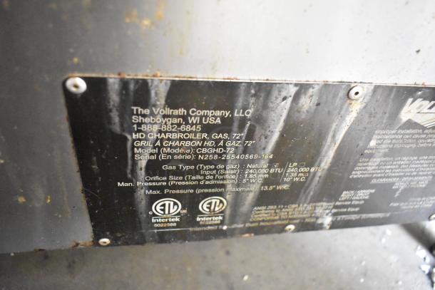 Vollrath CBGHD-72 stainless steel commercial charbroiler grill label, 240,000 BTU, natural gas, detailing model and specifications.