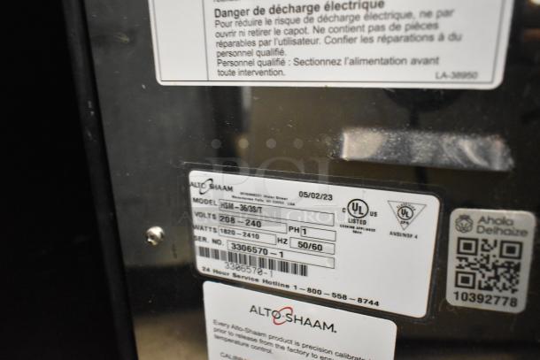 Alto Shaam HSM-36/3S/T warming display case, model label showing voltage and certification details, in used condition.