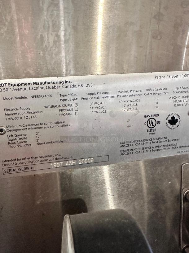 Label on Hardt Inferno 4500 double stack gas rotisserie oven, detailing model, specifications, and serial number.