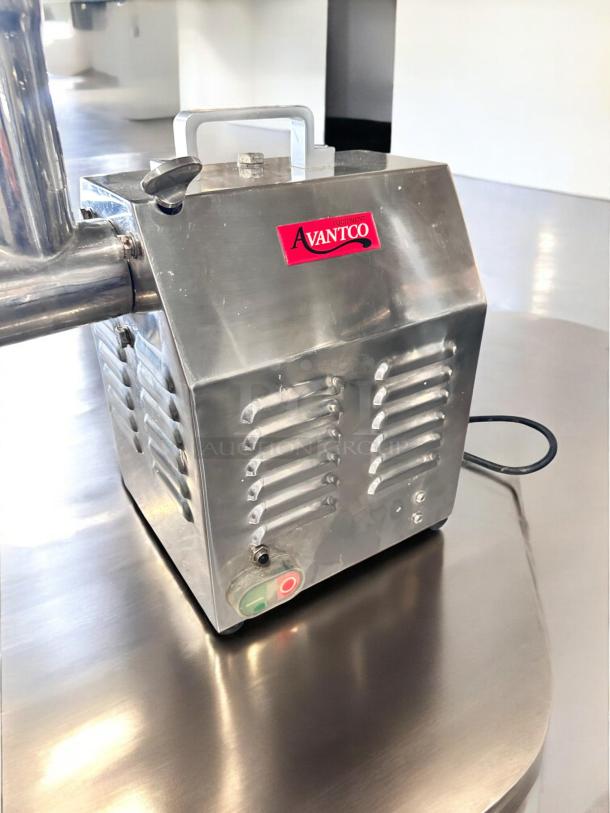 Avantco MG12 #12 commercial electric meat grinder, stainless steel, superb condition, 110V, tested and working, power buttons visible.