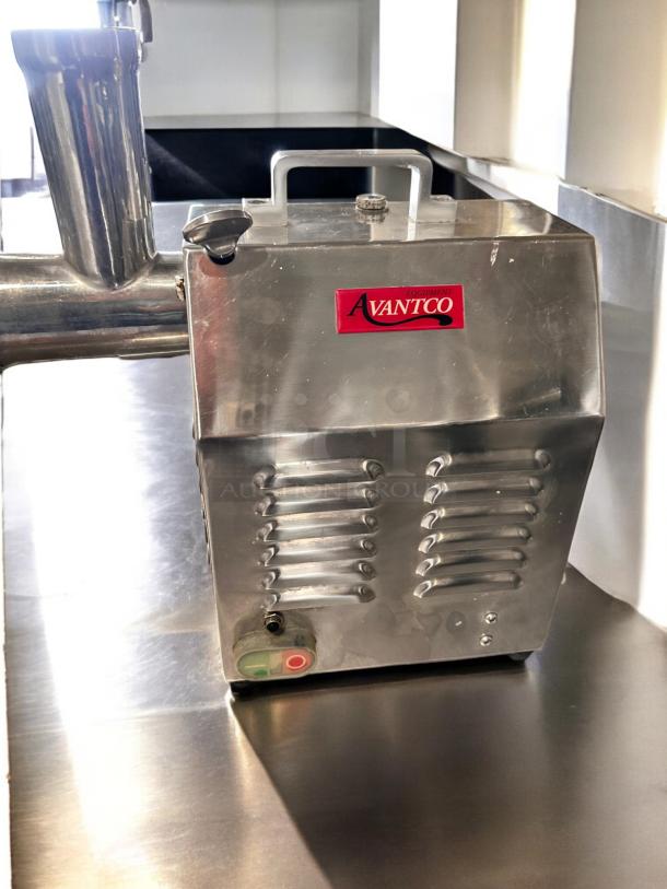 Avantco MG12 commercial meat grinder, superb condition, stainless steel, 110V, fully tested, visible power buttons, Avantco logo.
