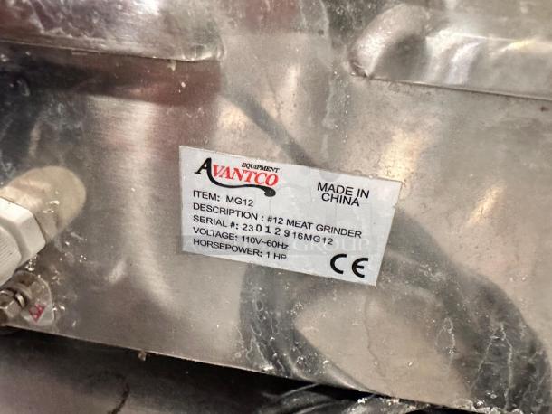 Avantco MG12 Meat Grinder label; #12 model, 110V, 1HP, CE certified, superb condition, made in China, serial 2301219.