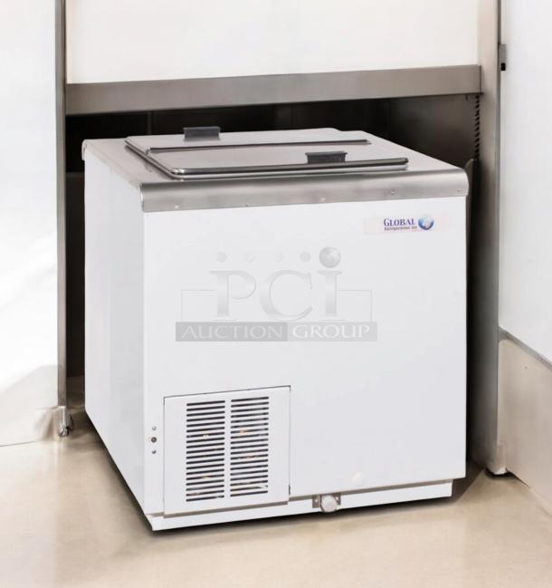 Like-new Global 2SF ice cream chest freezer, NSF Certified, fully tested and working, model label visible. Made in U.S.A.