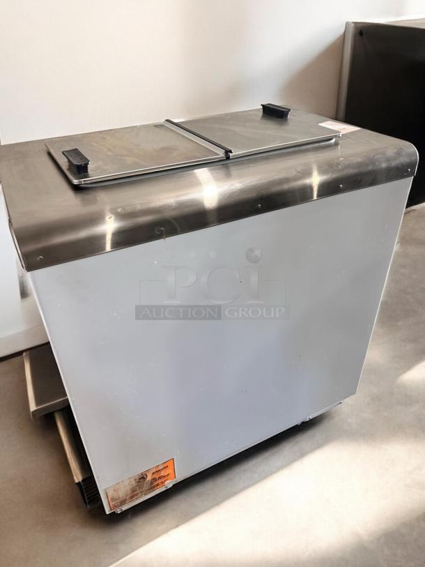 Like-new Global 2SF ice cream freezer, low temp, NSF certified, fully tested, USA made. Model label visible.