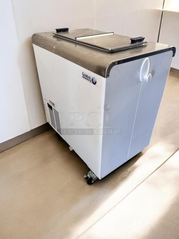 Like-New Global 2SF Low Temp Ice Cream Chest Freezer, NSF Certified, U.S.A. Made, fully tested, white with steel top.