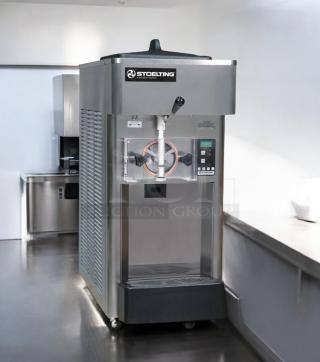 Stoelting F111-38ID soft serve machine, pristine condition, stainless steel, tested 115V, countertop model, branded label.