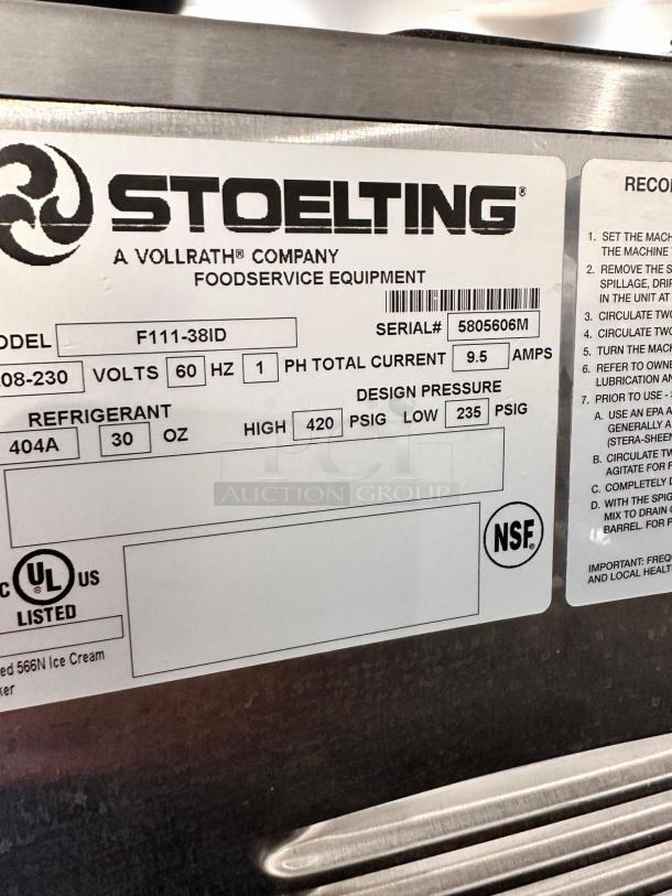 Stoelting F111-38ID soft serve machine label, showcasing model and specifications, pristine condition, fully tested.