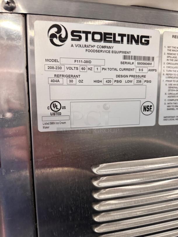 Stoelting F111-38ID single flavor soft serve machine, pristine condition, 115V, fully tested, NSF certified label.