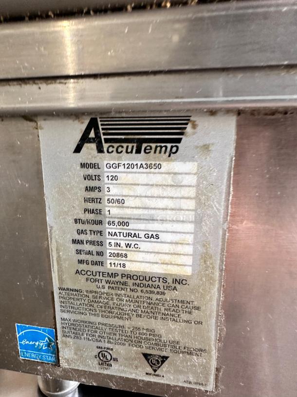 AccuTemp GGF1201A3650 Accu-Steam Gas Griddle, 36" wide, 120V, outstanding condition, natural gas, fully tested, model label shown.