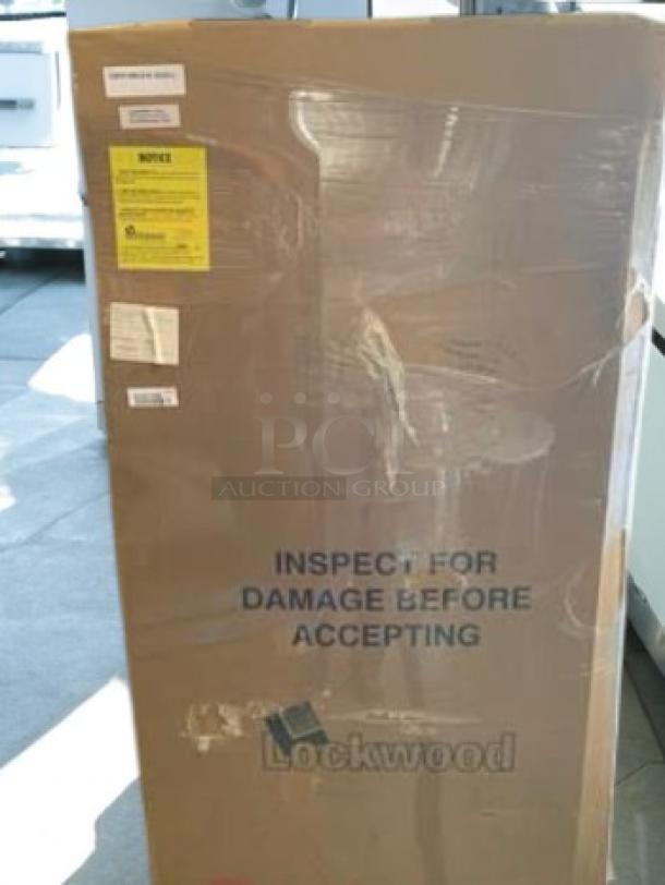 Brand new Lockwood enclosed sheet pan rack, 20 pan capacity, factory sealed box. Inspect for damage label visible. Mobile model.