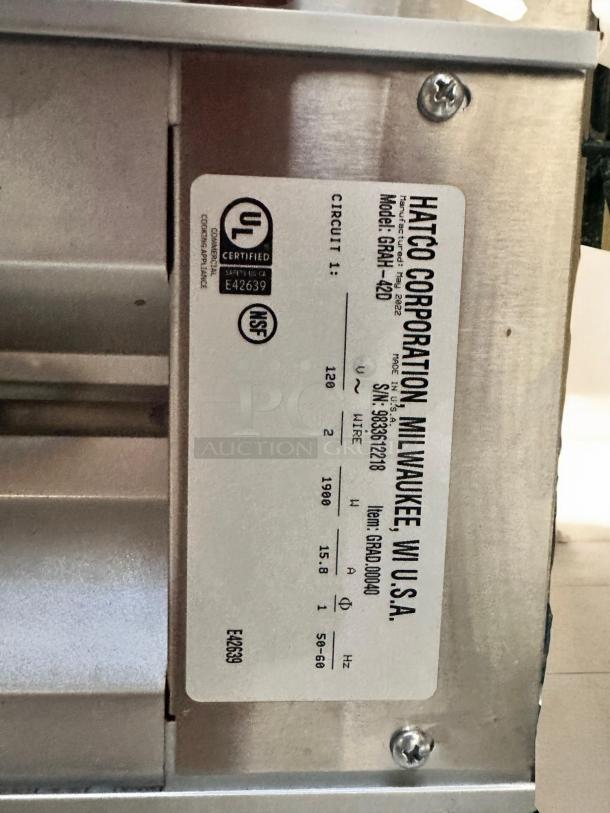 Hatco Glo-Ray Food Warmer, Model GRAH-42D, double element, 120V, label showing certifications and specifications.