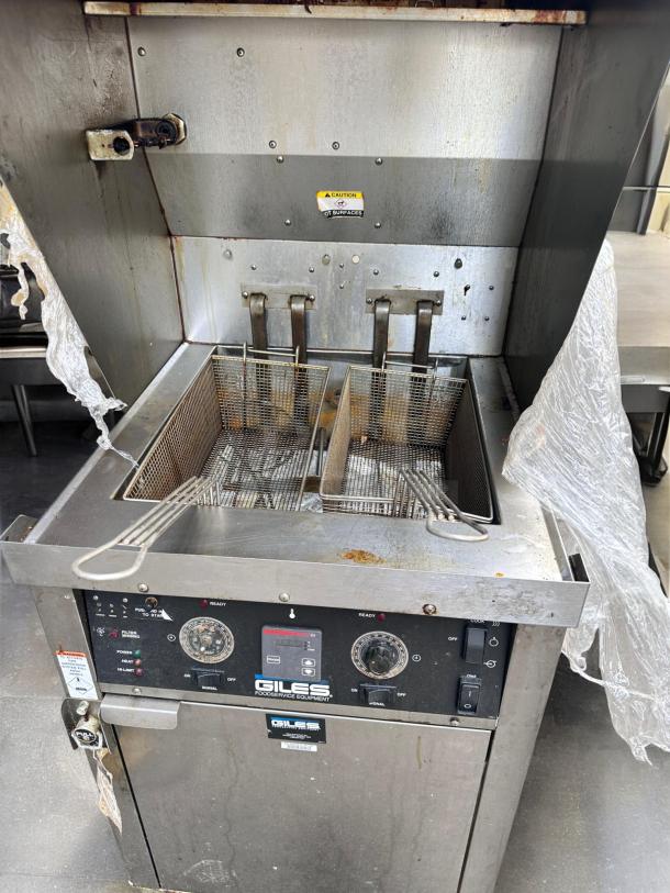 Giles WOG-MP-VH electric fryer with ventless hood in outstanding condition. Features dual baskets, control panel, and "hot surface" warning. Fully tested, 208V/3Ph.