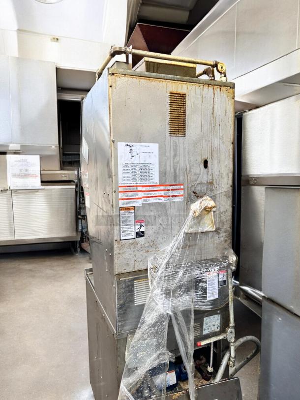 Giles WOG-MP-VH Electric Fryer, floor model with ventless hood, 208V/3Ph, fully tested, signs of previous use, multiple warning labels.
