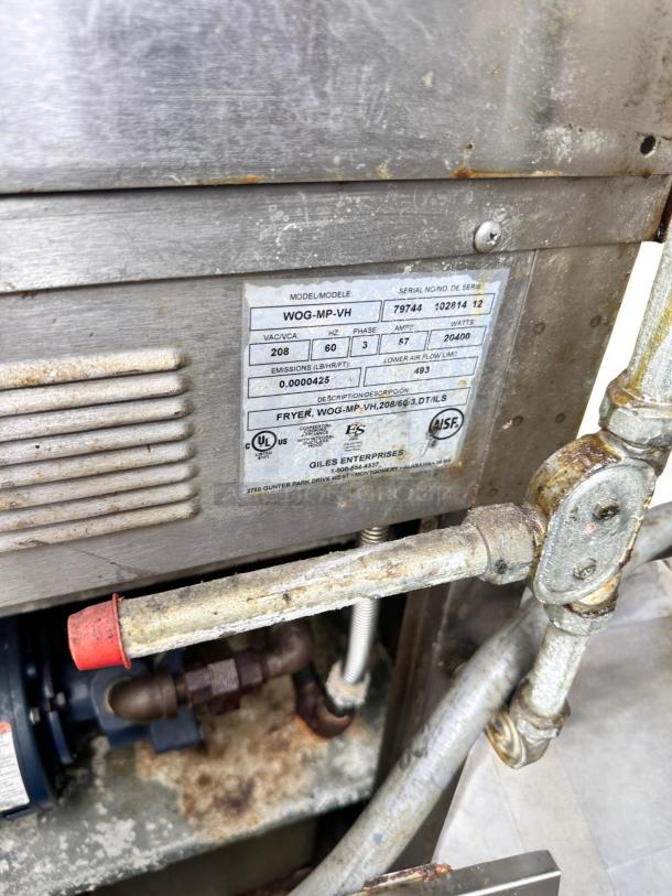 Giles WOG-MP-VH Electric Fryer with ventless hood, 208V/3Ph. Label shows model, serial number, and specifications.