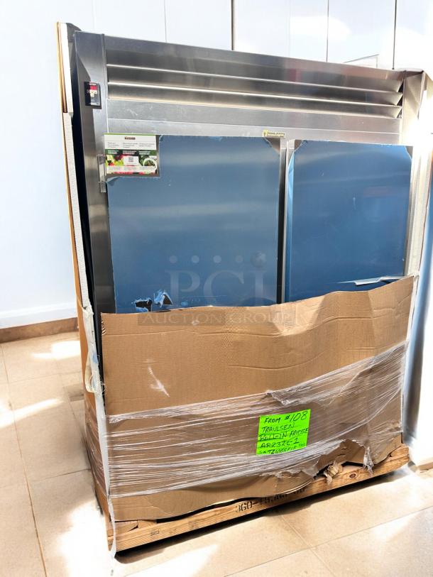 Brand new Traulsen AR23ZL-1 roll-in refrigerator, full-size single section, factory sealed, stainless steel, left hinge solid door.
