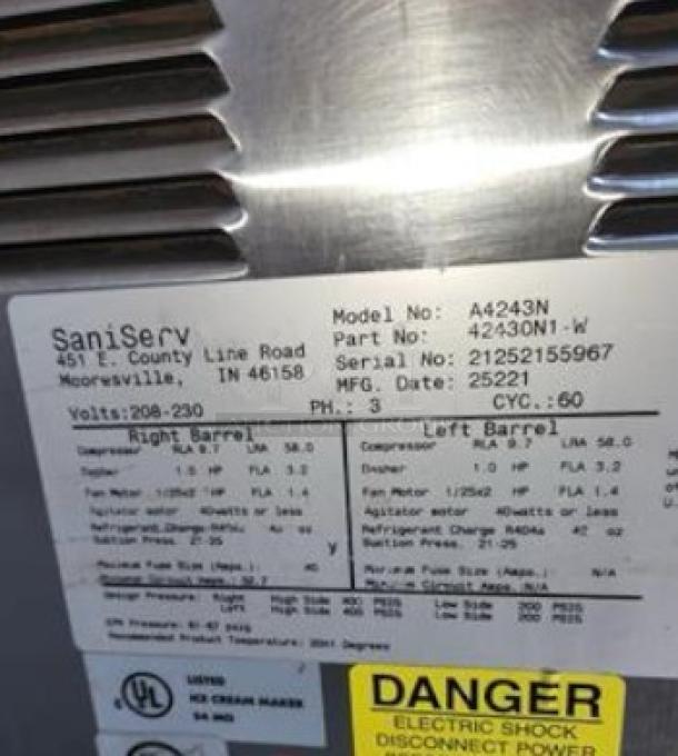 SaniServ 424 Twin Twist Soft Serve Ice Cream Machine in outstanding condition, fully tested, 208/230V, clear label details.
