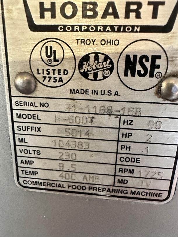 Hobart H800 80-Quart Planetary Mixer, UL & NSF listed, 230V, 9.5A, 2HP, model panel with serial and specifications visible.