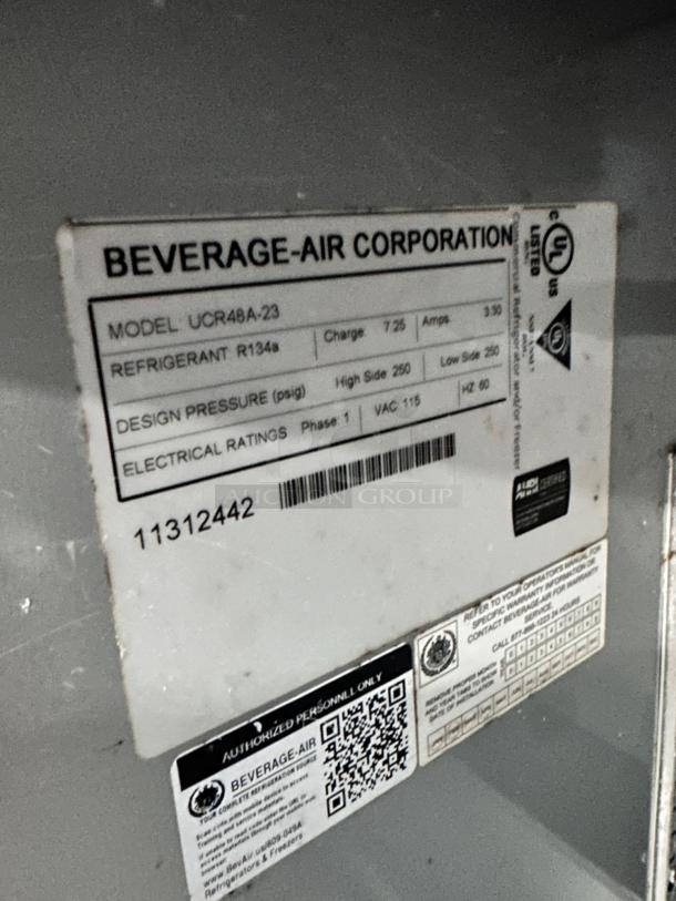 Beverage-Air UCR48A-23 Undercounter Refrigerator label detailing model, specs, and operation instructions.