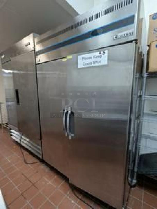 Everest ESR2 two-door reach-in refrigerator in outstanding condition, tagged "Please Keep Doors Shut," fully tested and working.