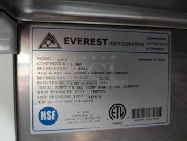 Everest ESR2 Two-Door Reach-In Refrigerator label; fully tested, working, 115V, outstanding condition, NSF and ETL certified.