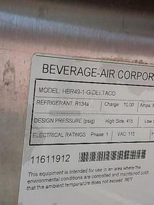 Beverage-Air HBR49-1-G Horizon Series two-section glass door refrigerator label, showing model, refrigerant R134a, and 115V rating.