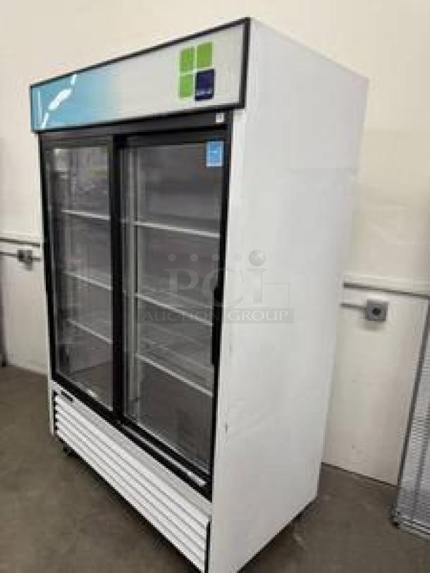 Beverage-Air glass door display refrigerator, sliding double doors, superb condition, 115V, tested and working, white exterior.