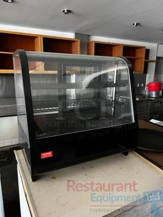 VEVOR PGX-180L countertop display refrigerator in outstanding condition; features clear glass, two shelves, 115V, commercial use.