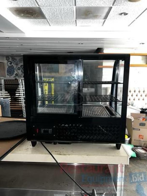 VEVOR PGX-180L countertop display refrigerator, outstanding condition, fully tested, black exterior, dual glass doors.