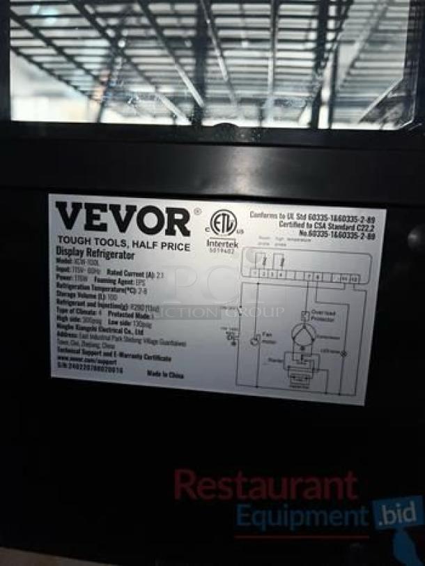 VEVOR PGX-180L Countertop Display Refrigerator, outstanding condition, 115V, includes label with specifications and safety certifications.