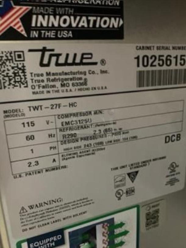 True TWT-27F-HC undercounter freezer label showing model, voltage (115V), compressor, and refrigeration details.